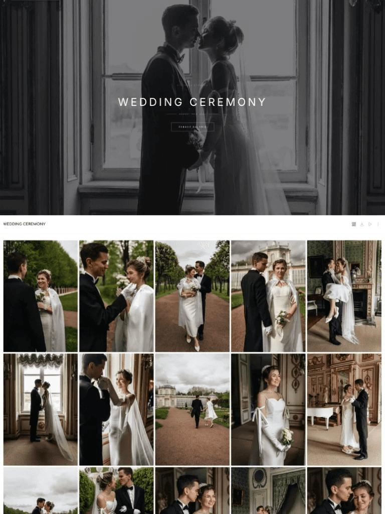 Podgląd galerii ślubnej: para młoda przy oknie, siatka zdjęć z ceremonii i pleneru